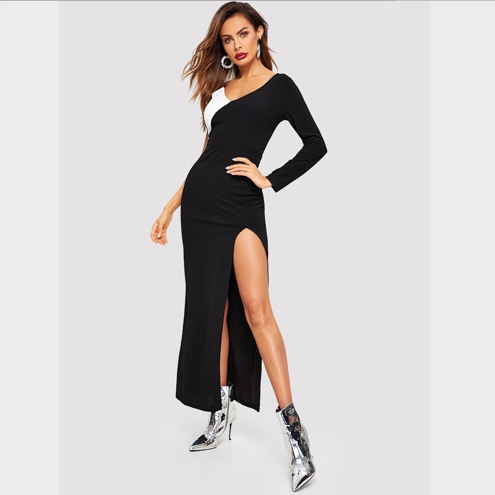 Asymmetrical Neck Color Block High Slit Maxi Dress - Picture 2 of 5